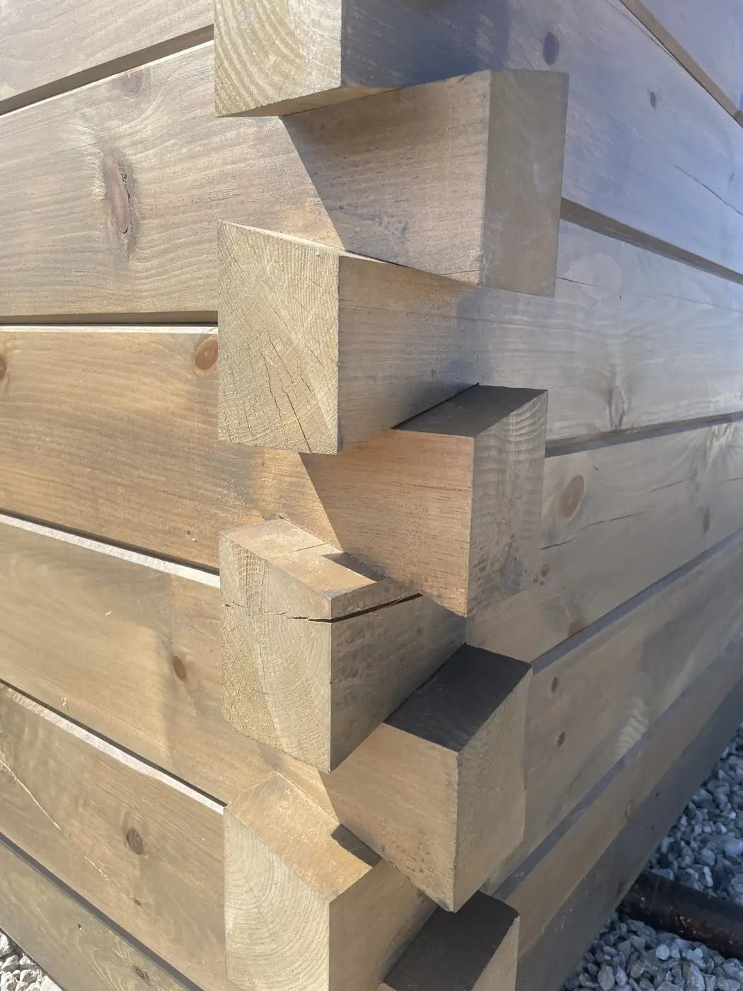 Close-up of dovetailed corners on the Kodiak&rsquo;s 3.5-inch square pine logs